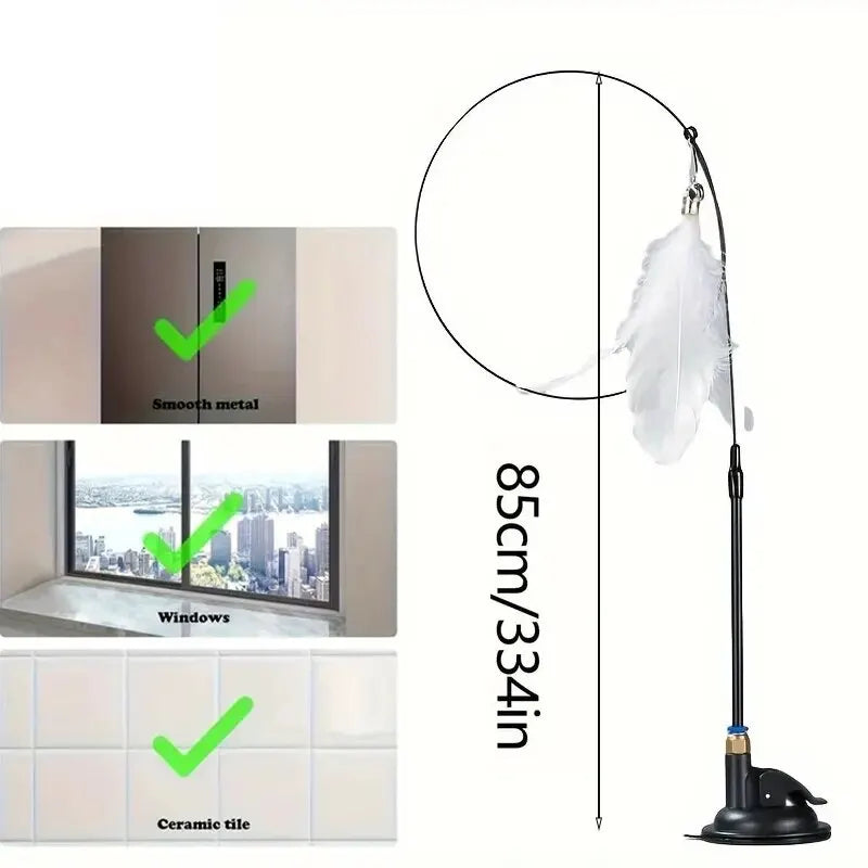 Cat Teaser Toy - Interactive Bell and Feather Wand - Long Suction Cup Pole for Exciting Playtime Adventures - Ultimate Cat Toy