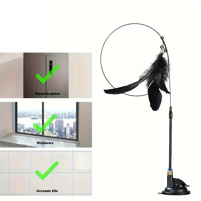 Cat Teaser Toy - Interactive Bell and Feather Wand - Long Suction Cup Pole for Exciting Playtime Adventures - Ultimate Cat Toy