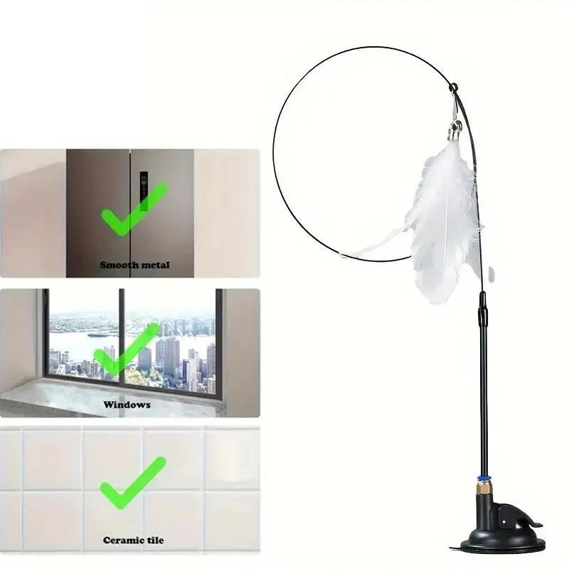 Cat Teaser Toy - Interactive Bell and Feather Wand - Long Suction Cup Pole for Exciting Playtime Adventures - Ultimate Cat Toy